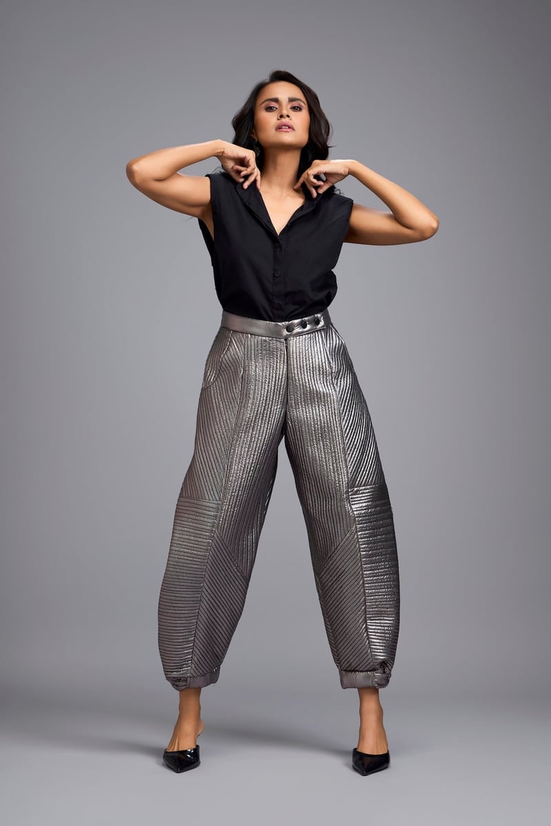 Gunmetal Metallic Quilted High-Rise Tapered Pants — Deepika Arora