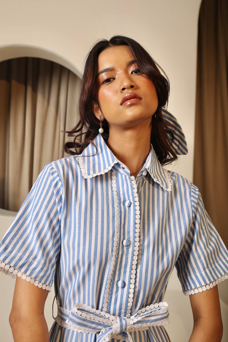 Blue Lilac White Striped Cotton Midi Shirt Dress with Belt