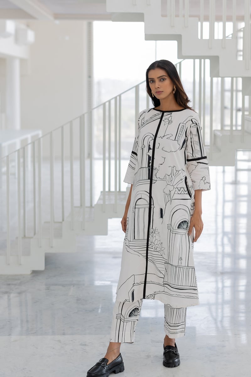 White Monochrome Printed Cotton Poplin Kurta Set