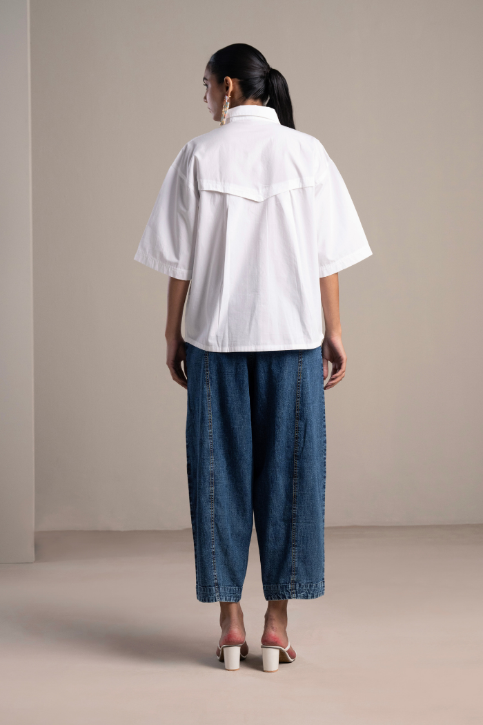 Blue and White Shirt and Denim Barrel Pants Co-ord Set
