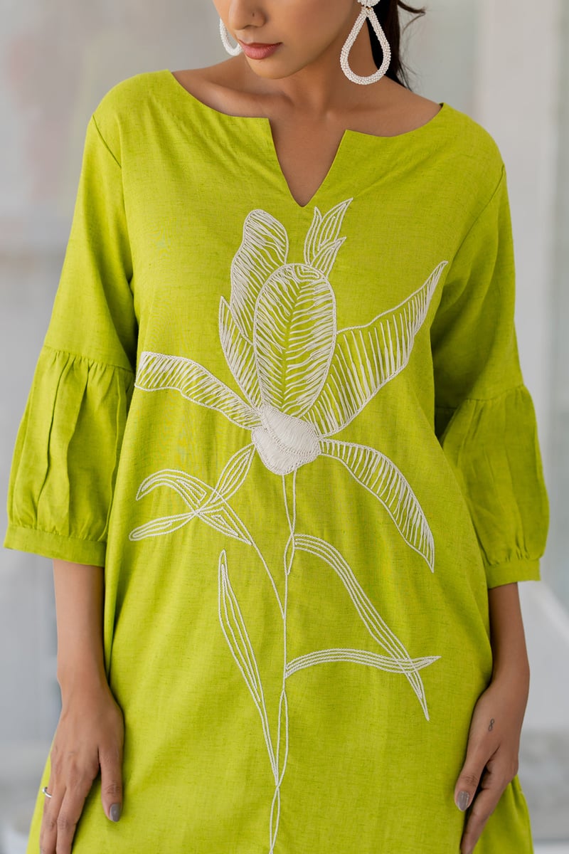 Green A-Line Kurta with White Floral Embroidery