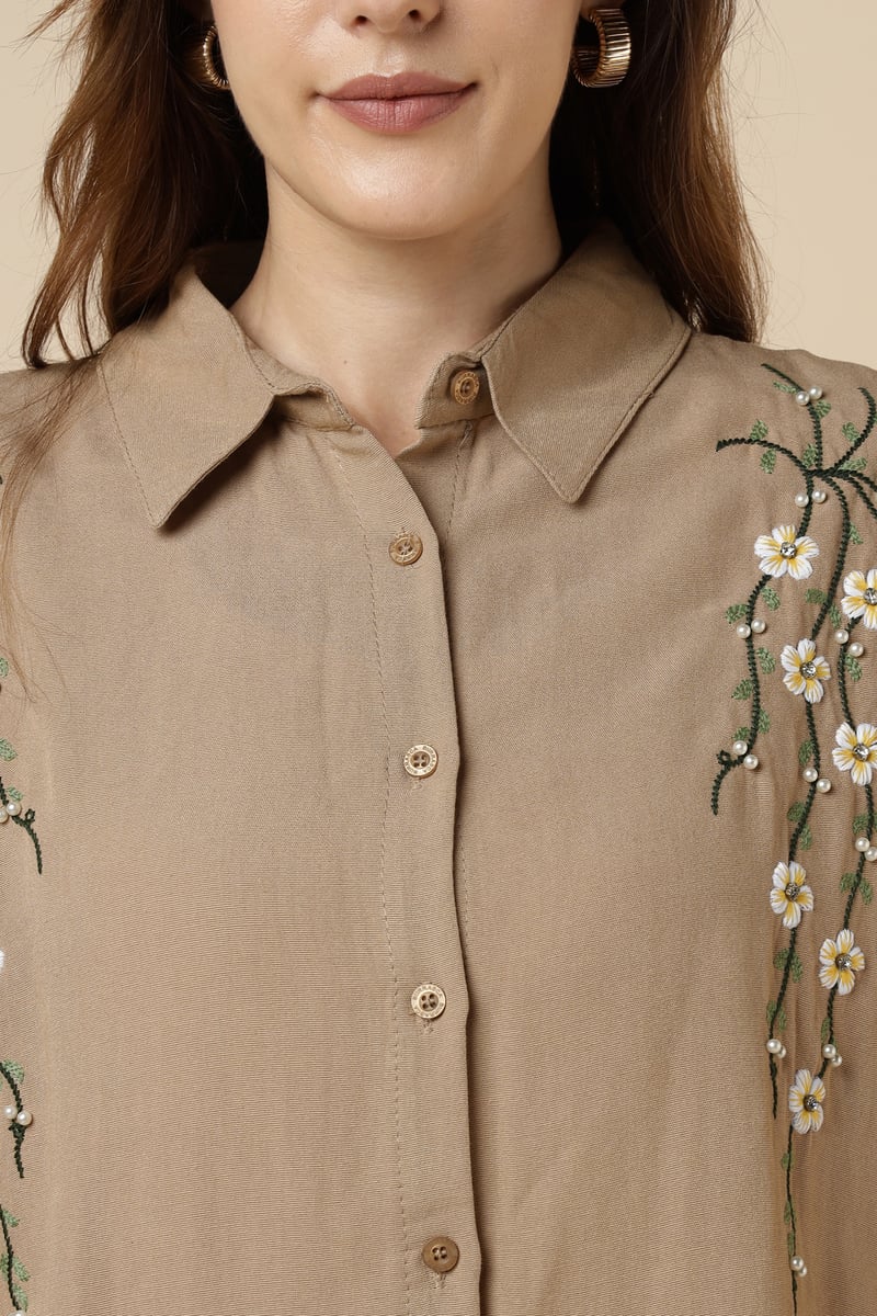 Brown Longline Embroidered Button-Down Shirt