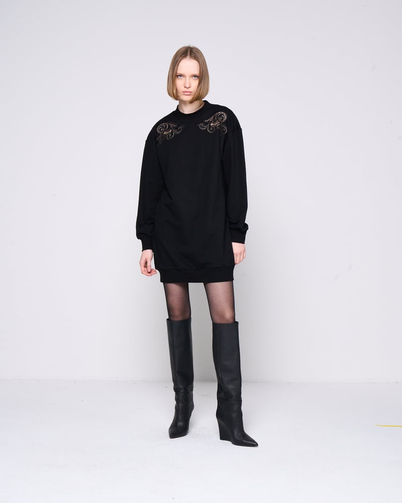 Black Longline Sweatshirt Dress with Shoulder Applique — SILVIAN HEACH