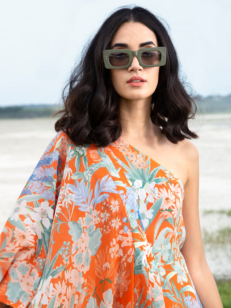 Orange One-Shoulder Floral Kaftan Midi Dress