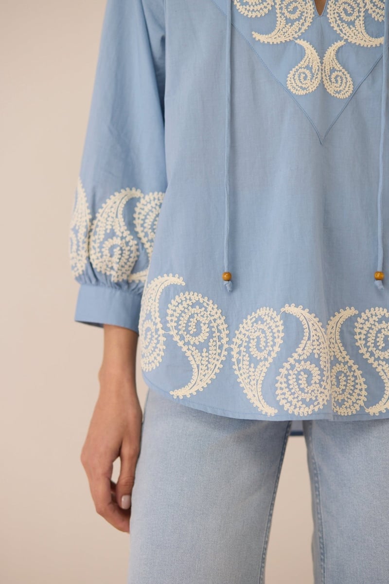 Dusty Blue Cotton Embroidered Oversized Blouse