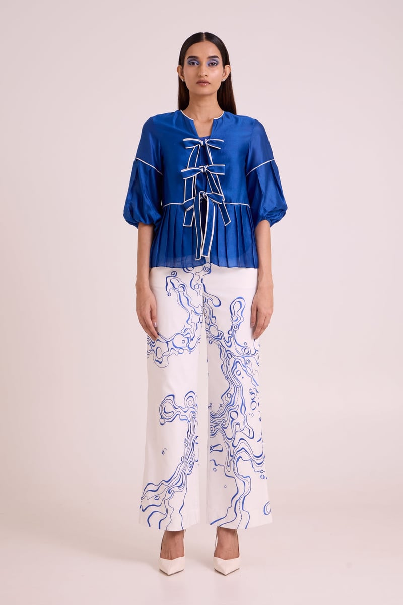 Electric Blue Tie-Up Top & Printed Wide-Leg Co-ord Set