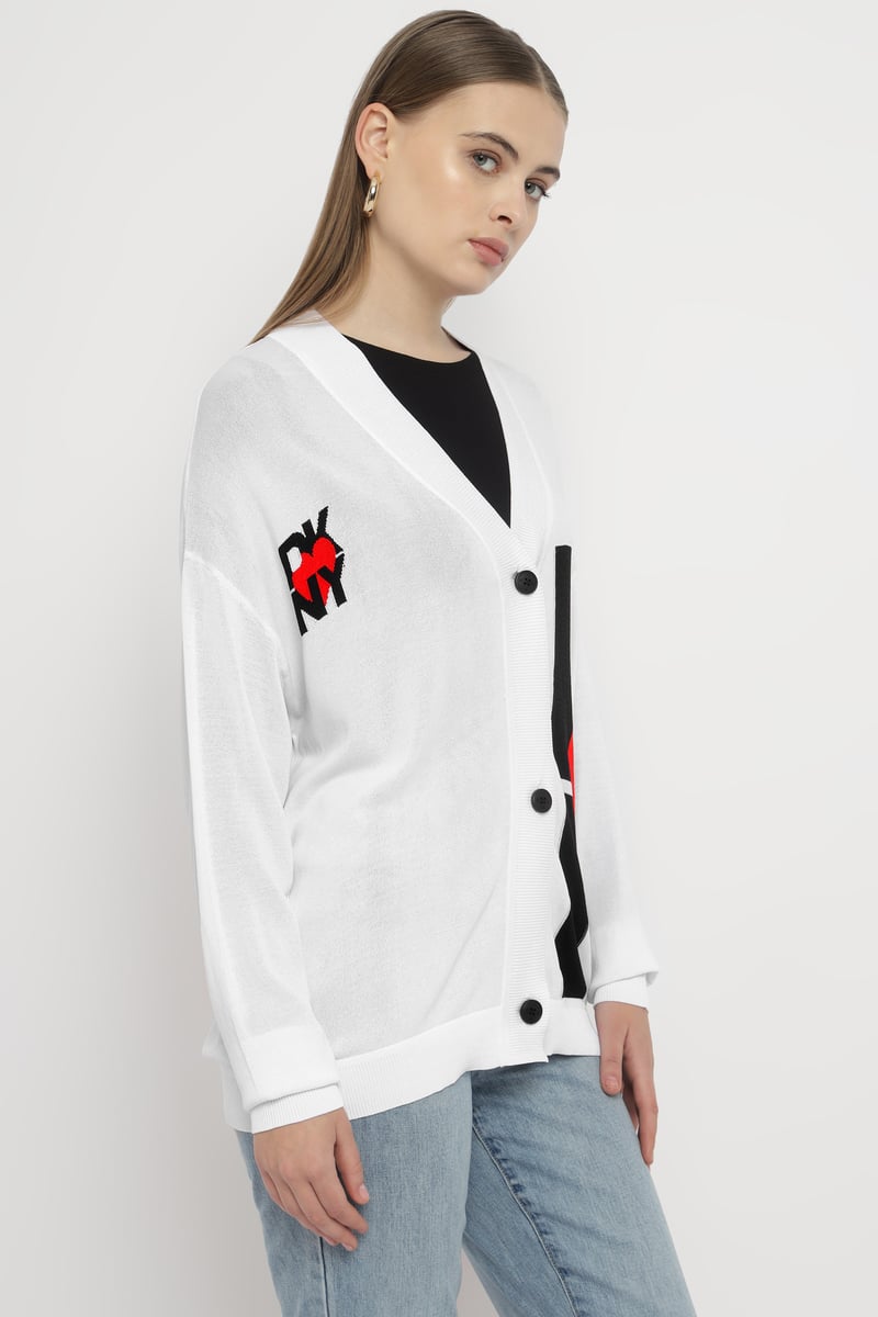 White Colorblock Graphic Button-Up Longline Cardigan