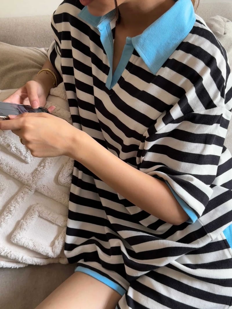 Black and White Striped Oversized Polo T-Shirt with Blue Collar