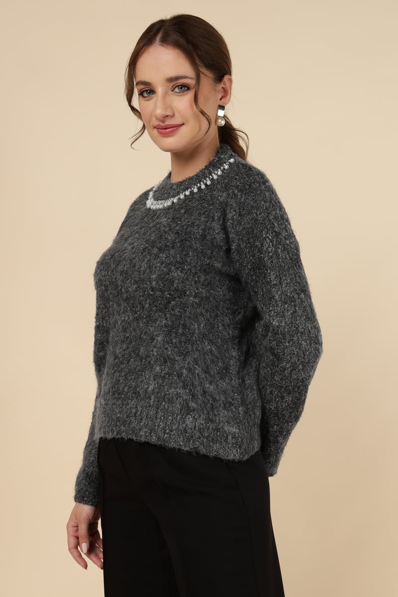 Grey Pearl-Embellished Neck Pullover Sweater