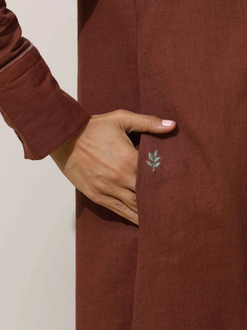 Brown Cotton Linen Straight Kurta Pant Set