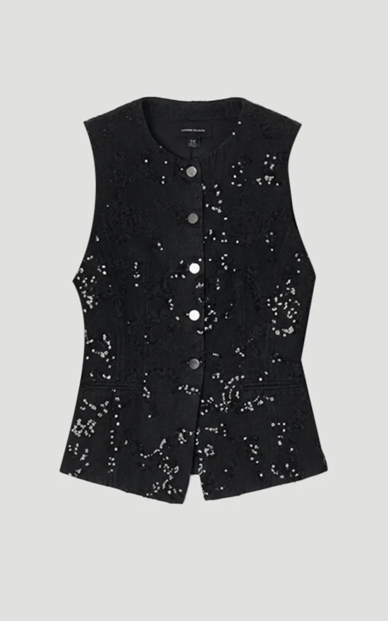 Black Sequin Button-Front Sleeveless Tailored Top
