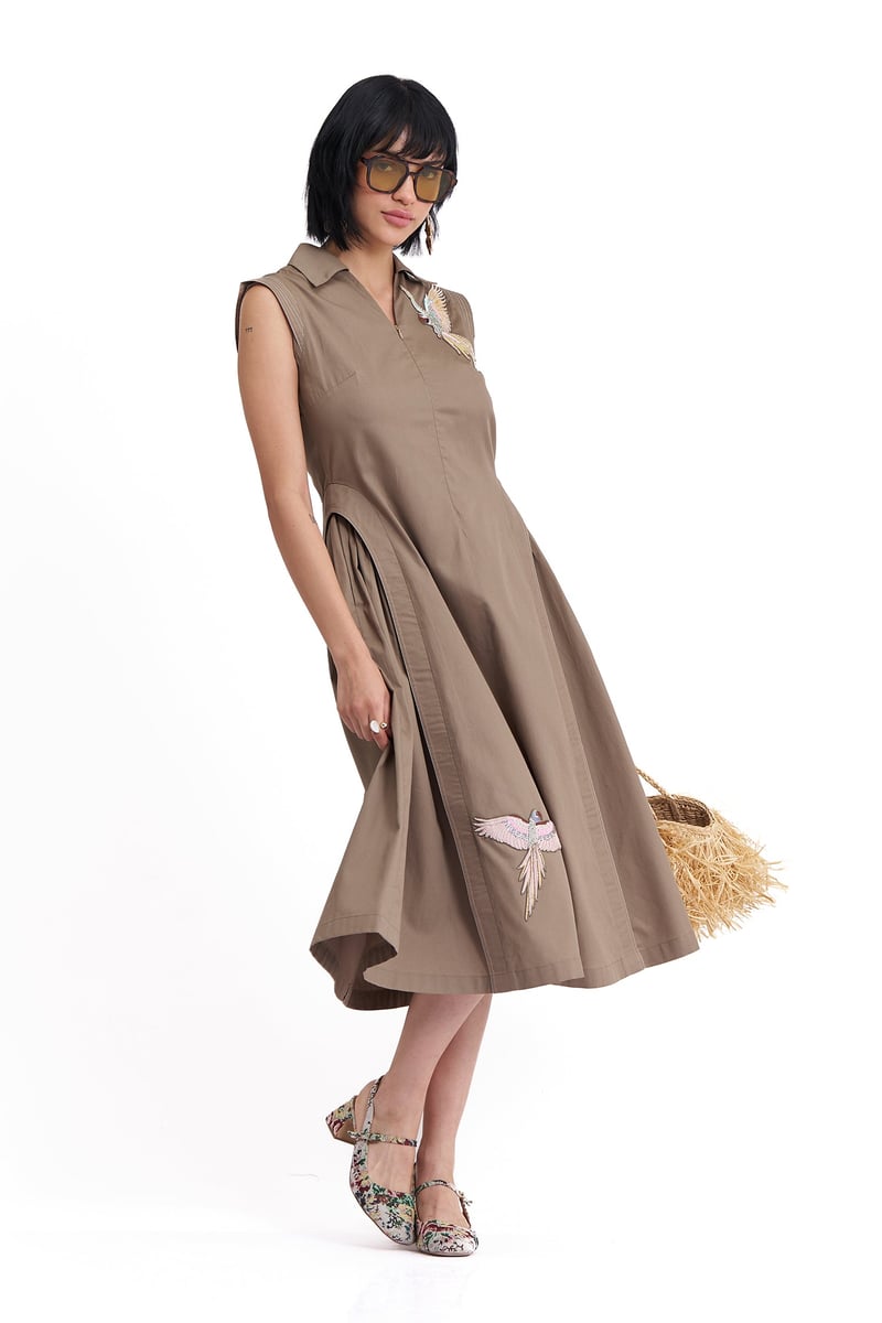 Mushroom Cotton Twill Sleeveless Collared Midi Dress