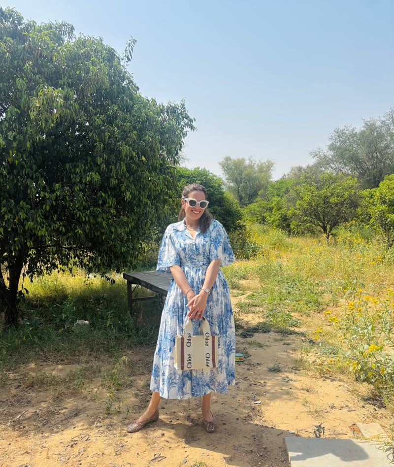 White and Blue Printed Cotton Shirt Midi Dress with Belt
