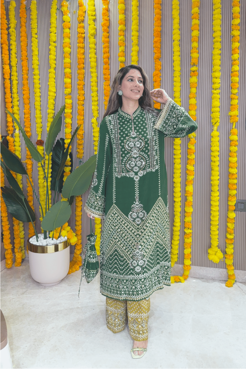 Green and Mustard A-Line Kurta Set with Mirror Work