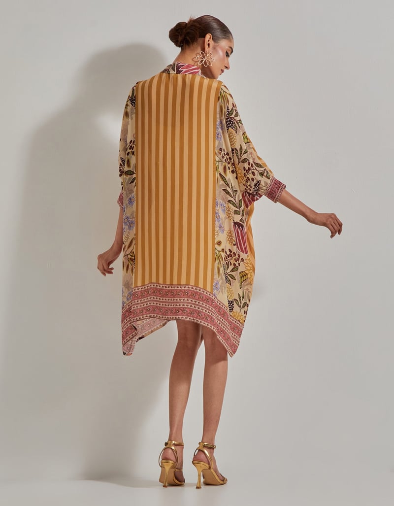 Beige Printed Baggy Tunic Kurta with Collar