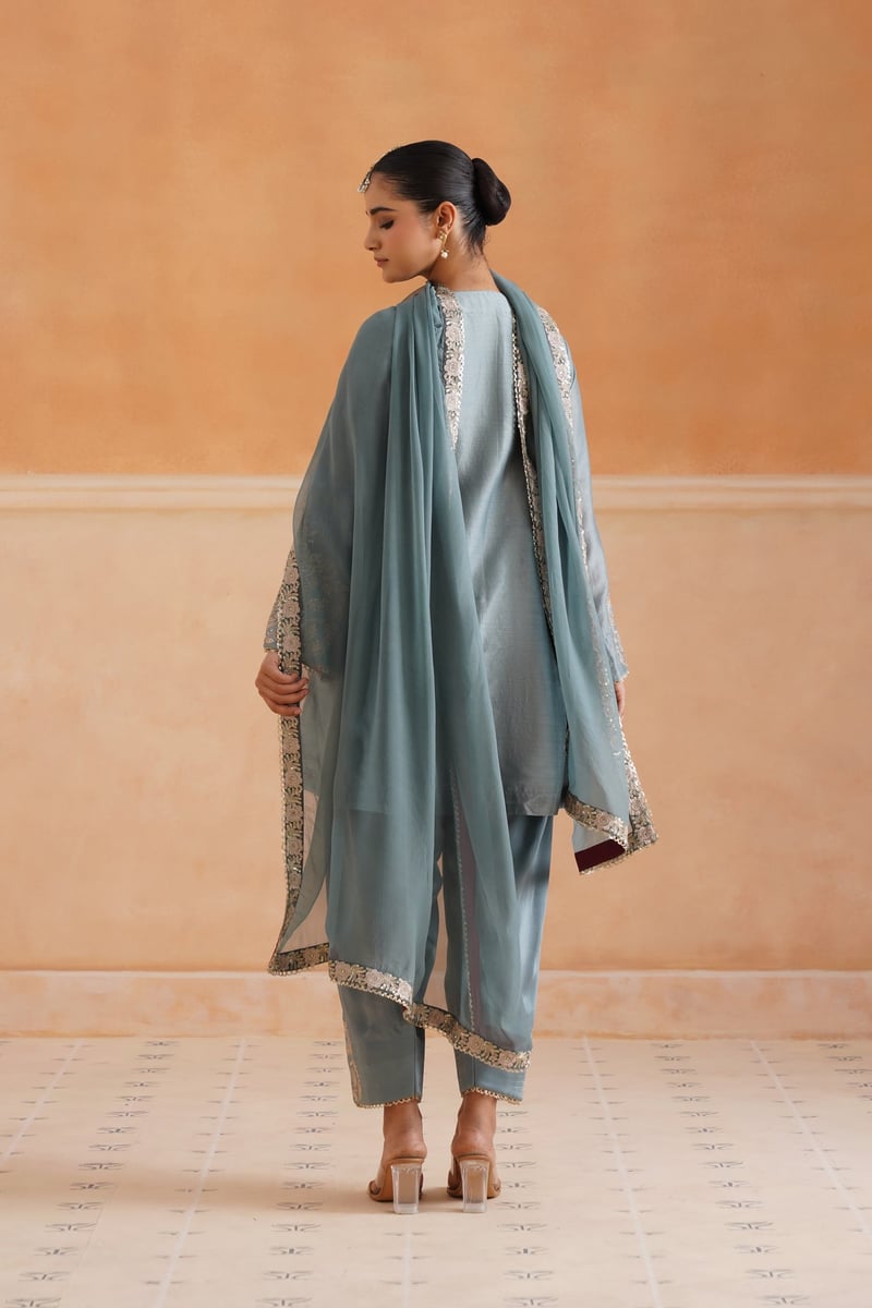 Sage Blue Chanderi Embroidered Kurta Set with Dupatta