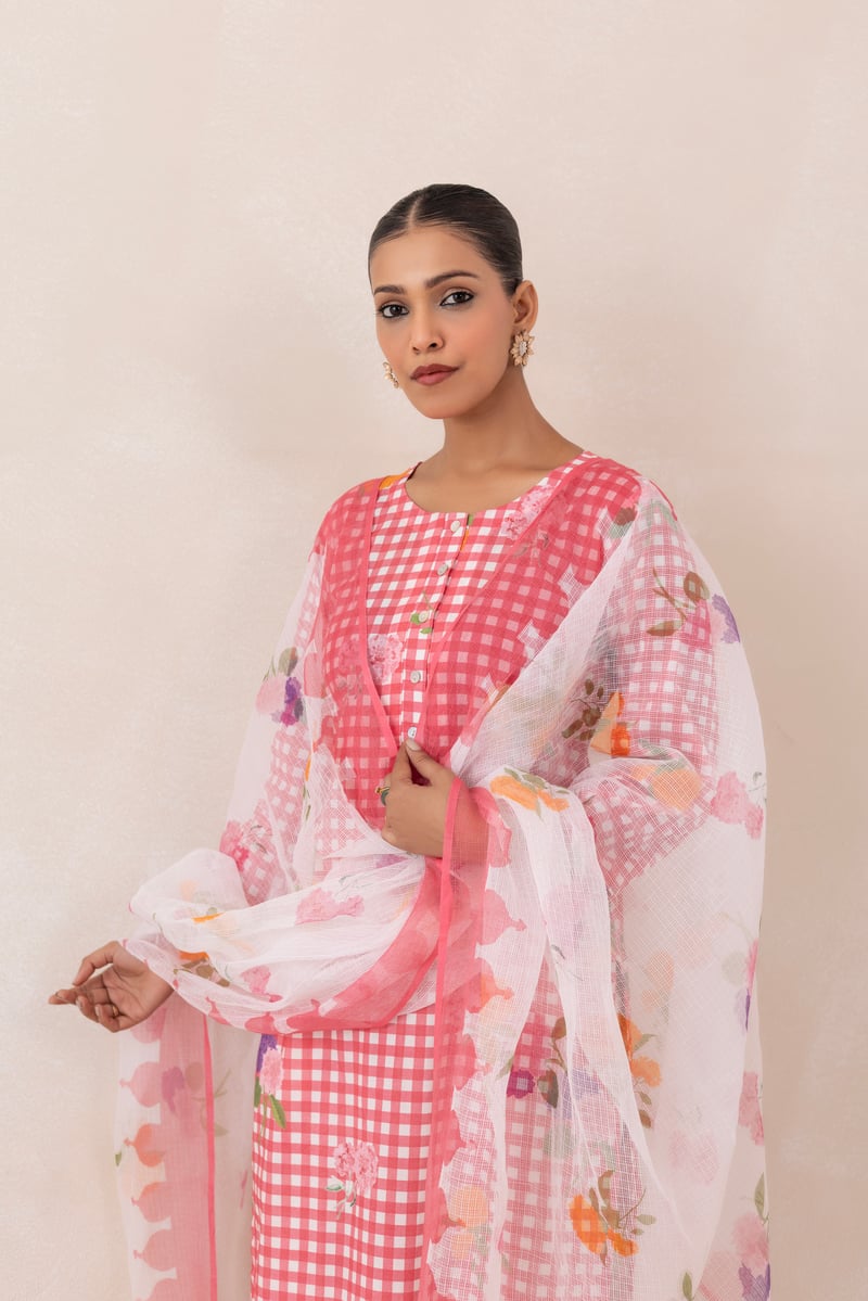 Pink and White Gingham Printed Cotton Kurta Set — CHHIPA JAIPUR