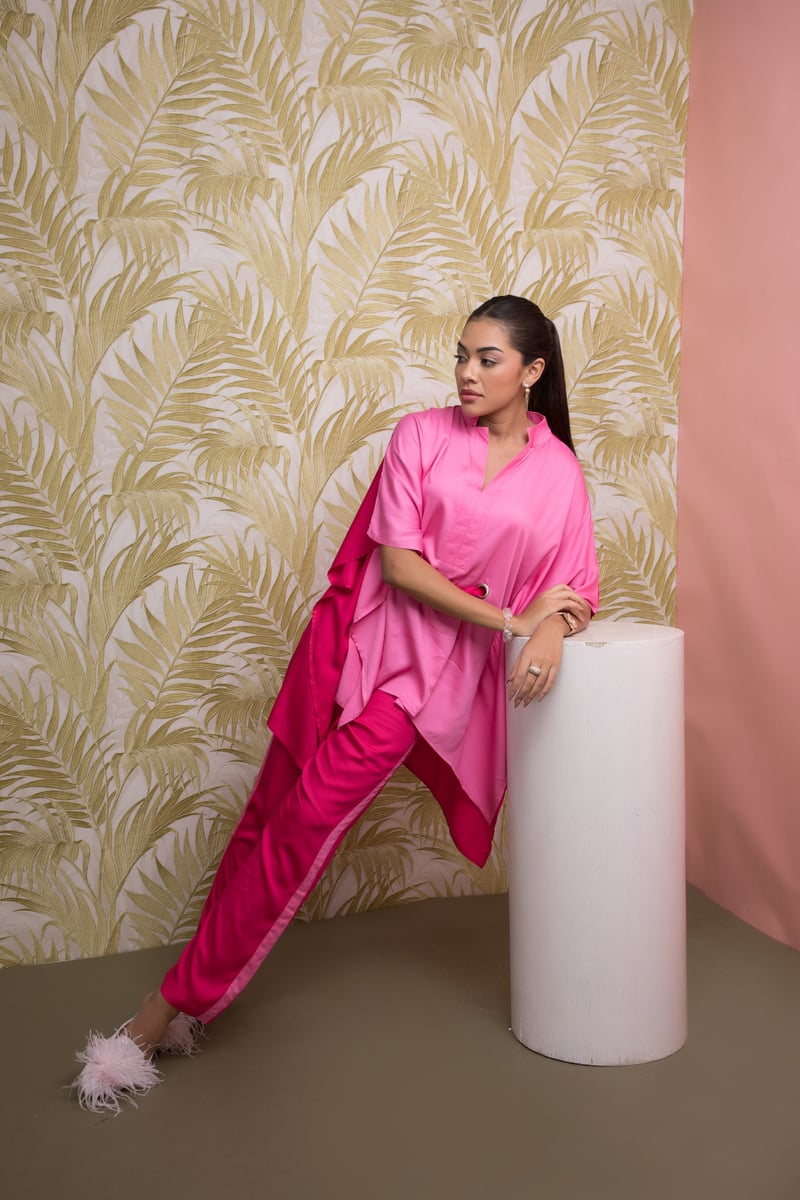 Pink Colorblocked Kaftan Top and Straight Pants Co-ord Set