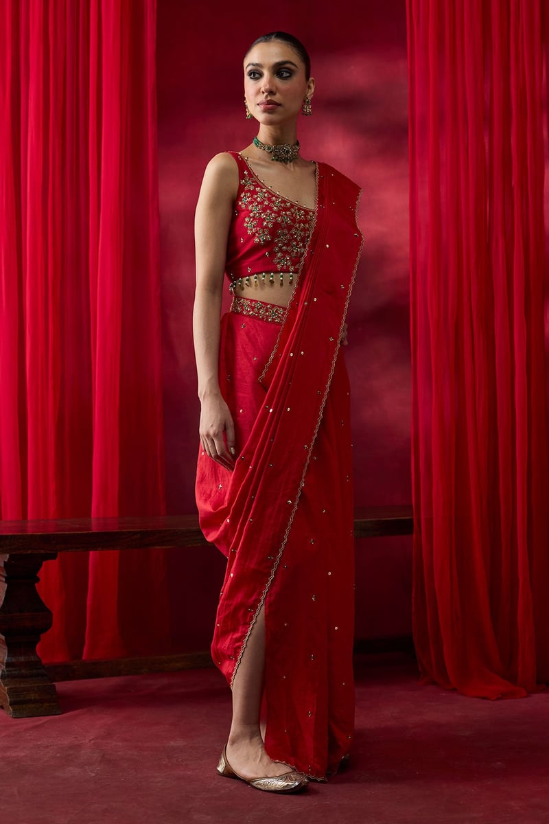 Red Silk Embellished Saree Set with Embroidered Blouse