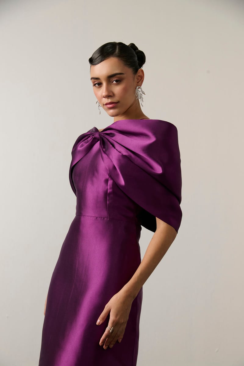 Purple Satin Off-Shoulder Bow Sheath Midi Dress