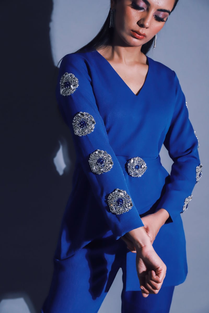 Blue Asymmetrical Top and Straight Pants Co-ord Set