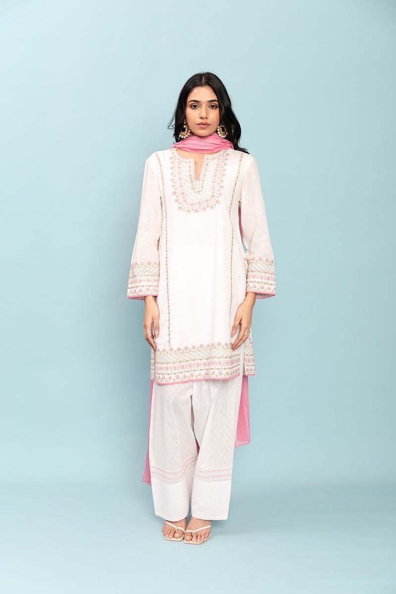 Ivory Cotton Flex Embroidered Kurta Set with Pink Dupatta