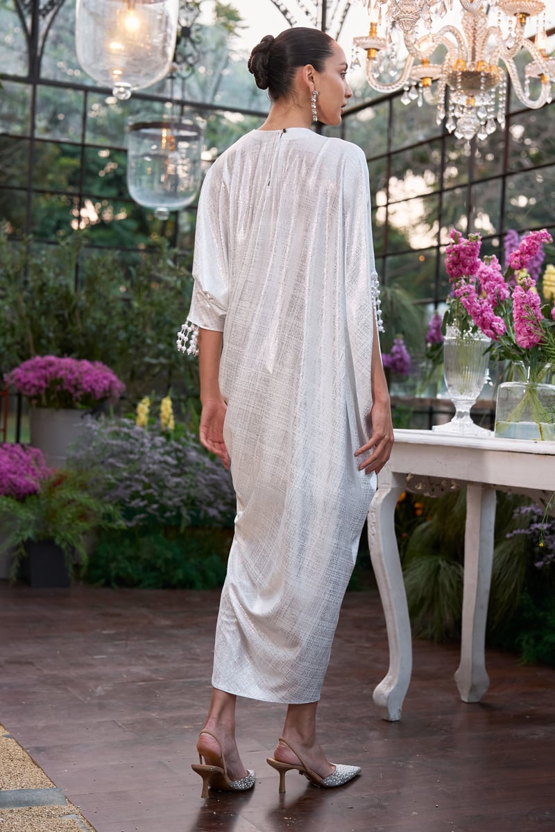White/Silver Metallic Draped Kaftan Dress with Pearl Tassels