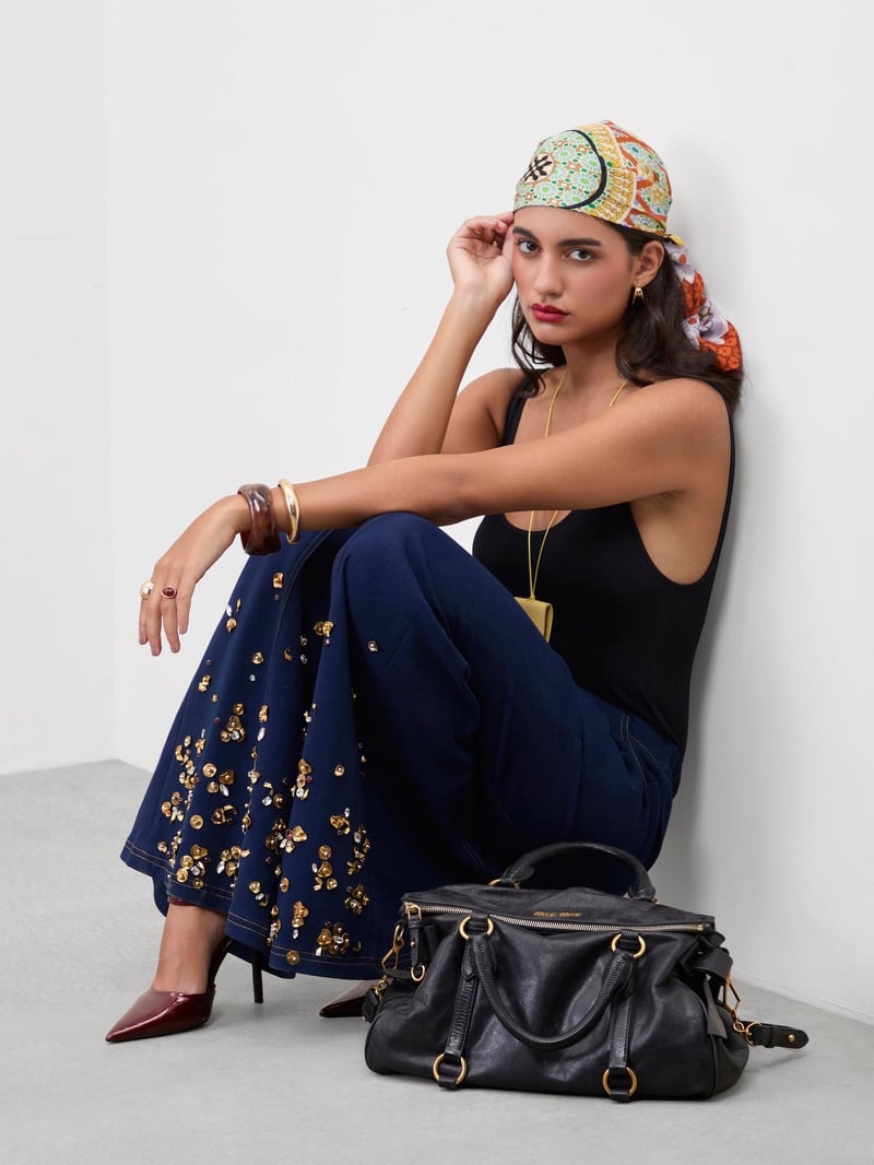Dark Blue High-Waist Flared Jeans with Metallic Embroidery