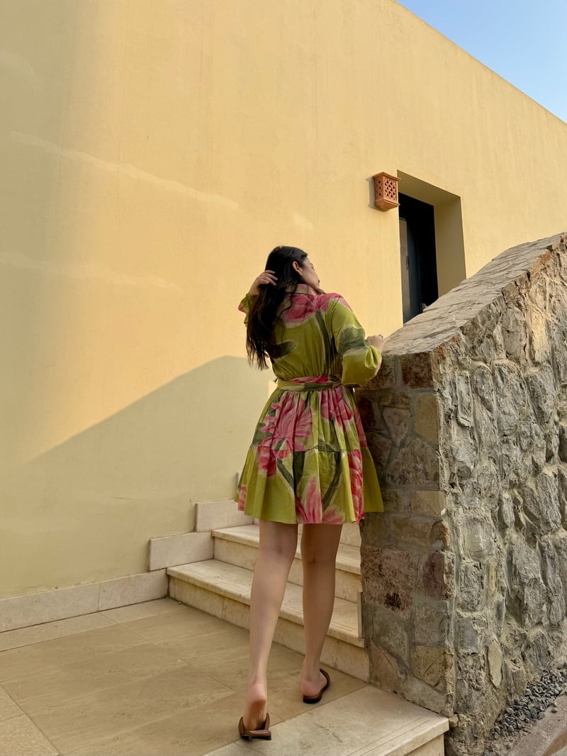 Olive/Pink Floral Mini Shirt Dress with Self Belt