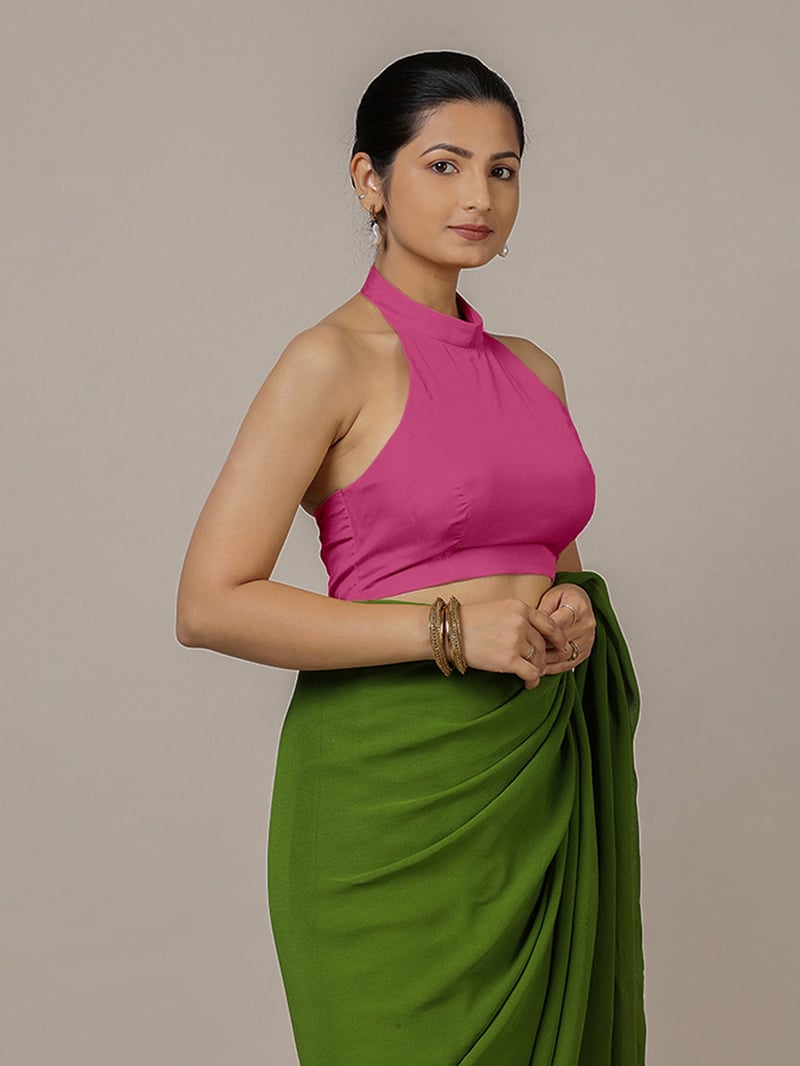 Hot Pink Halter Neck Sleeveless Saree Blouse