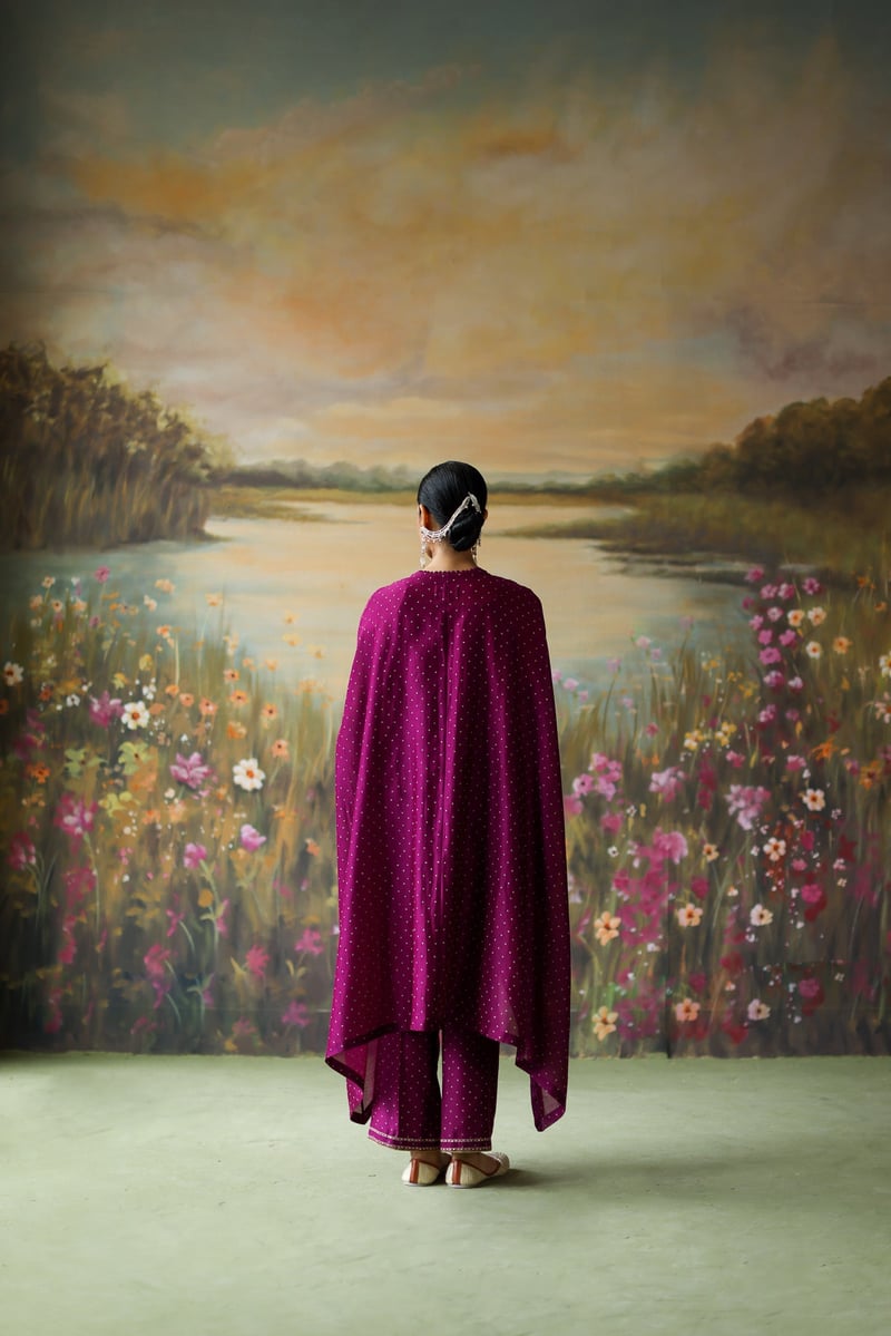 Aubergine Silk Chanderi Cape and Pants Co-ord Set