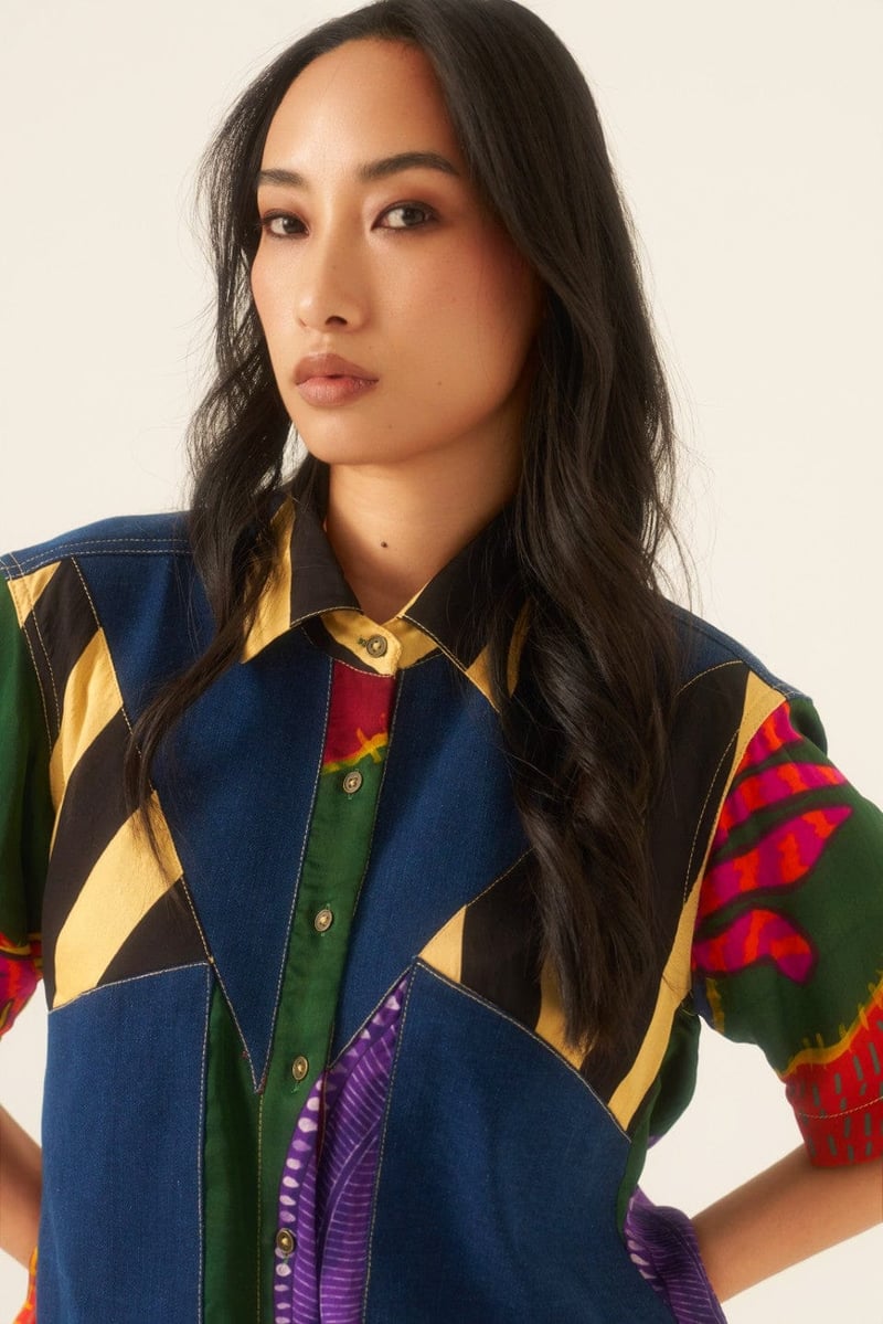 Multicolor Patchwork Denim Panel Button-Down Shirt