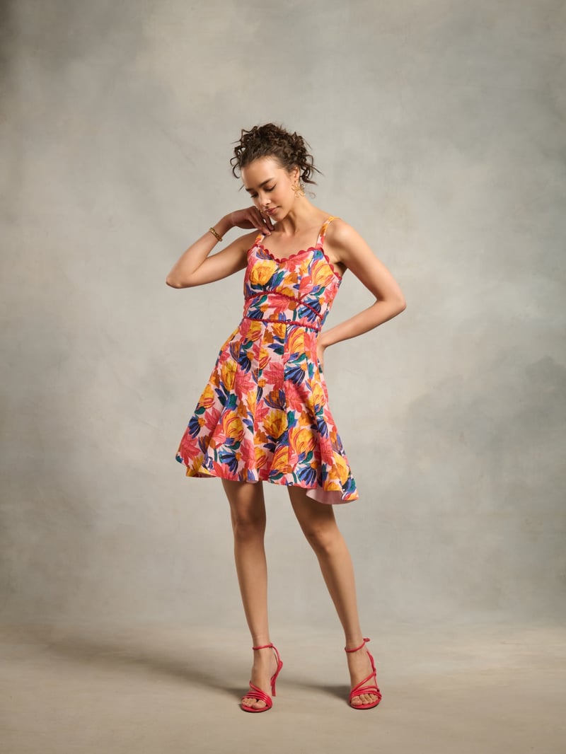 Red Tropical Print Fit and Flare Mini Dress