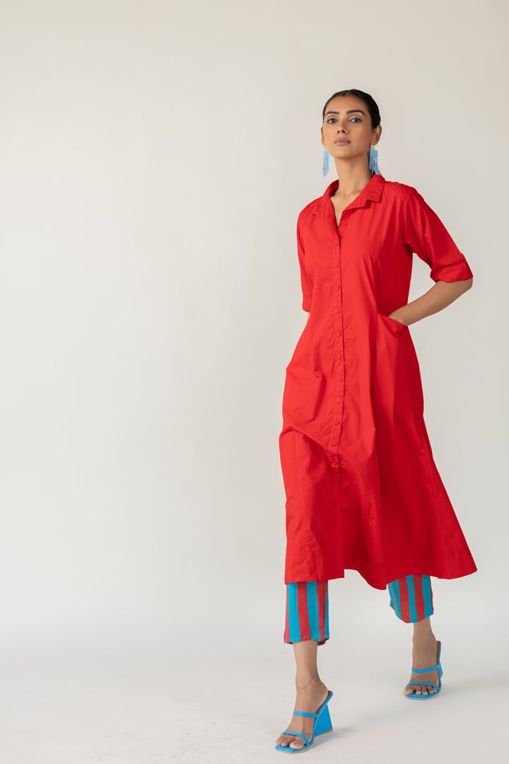 Scarlet Stride Shirt Dress With Striped Pants
