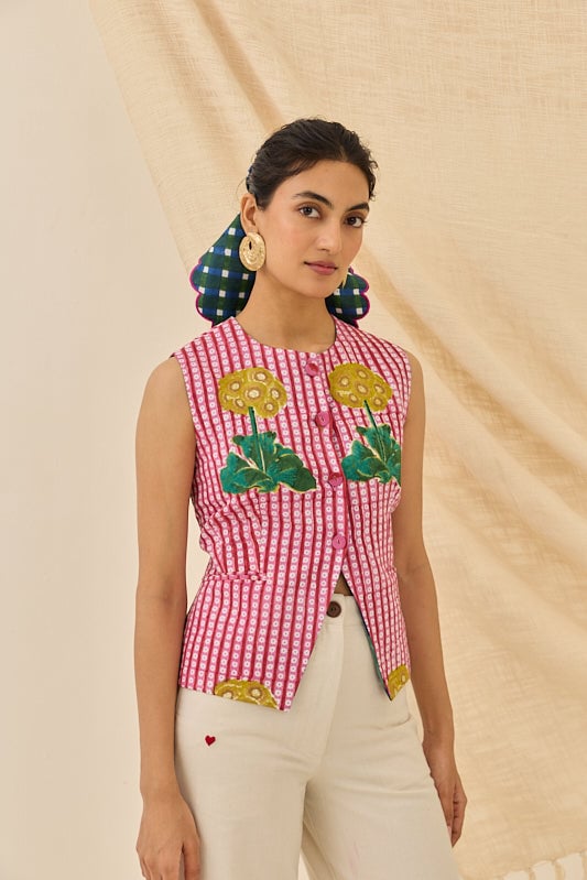 Multicolor Floral Block Print Cropped Waistcoat