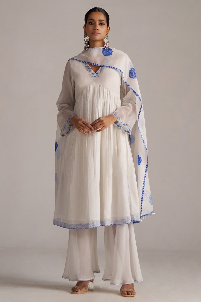 Marshmellow and Cobalt Blue A-Line Chanderi Kurta Set — Ganga Fashions Pvt Ltd