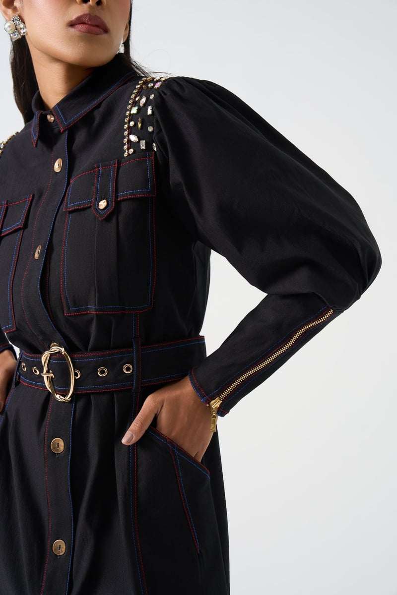Black Embellished Shirt Dress with Belt
