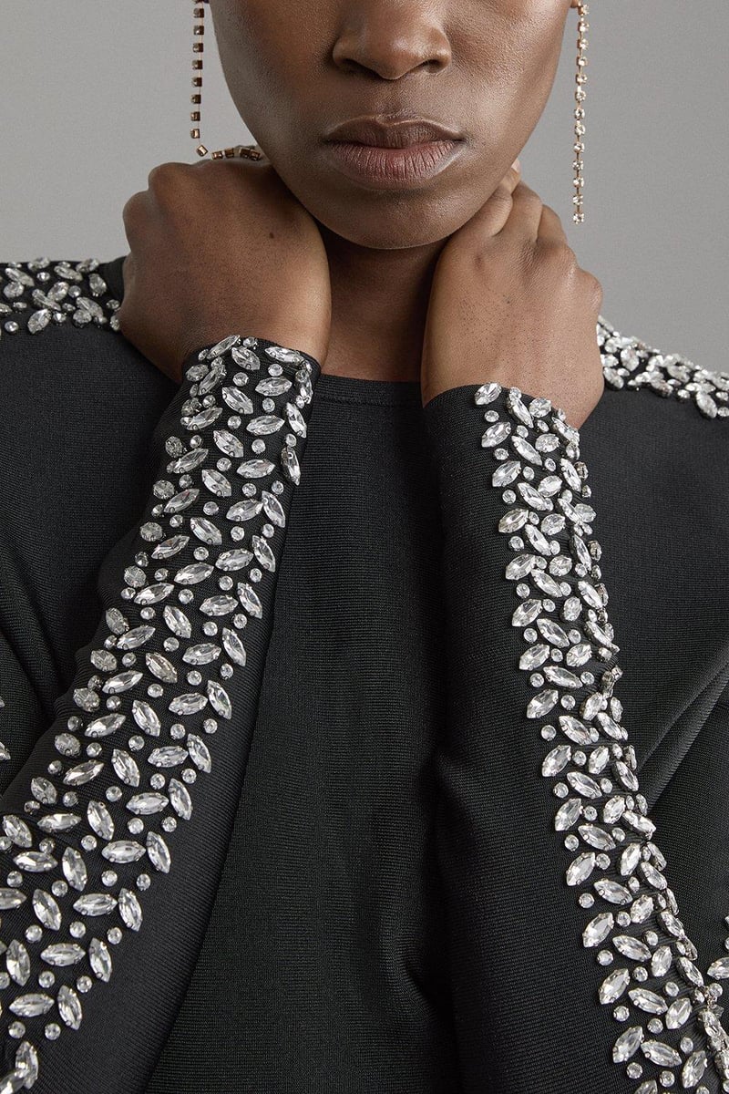 Black Bandage Knit Crystal-Embellished Sleeve Top
