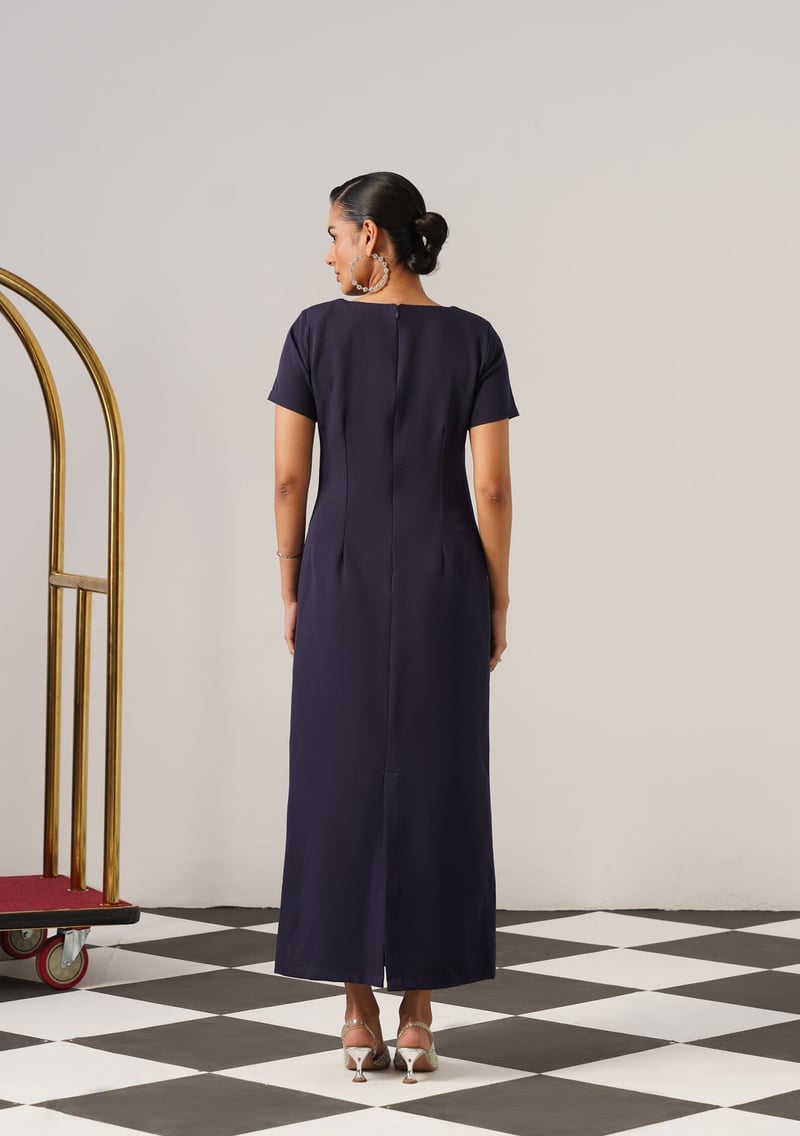 Navy V-Neck Embroidered Maxi Dress