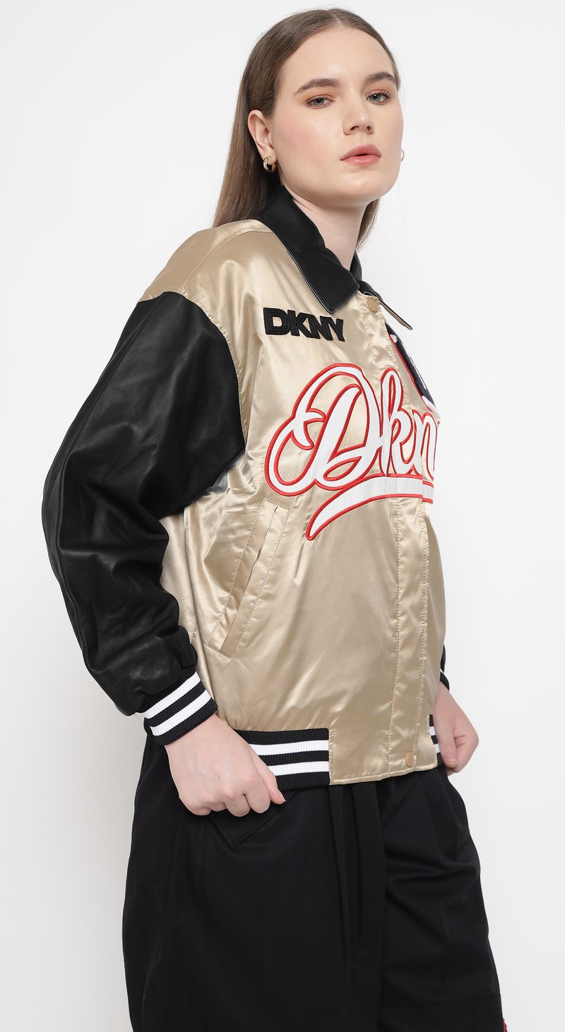 Beige and Black Colorblock Varsity Bomber Jacket