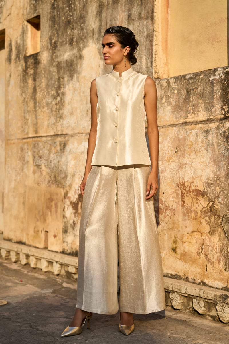 Ivory Brocade Lurex Band Collar Button-Front Waistcoat