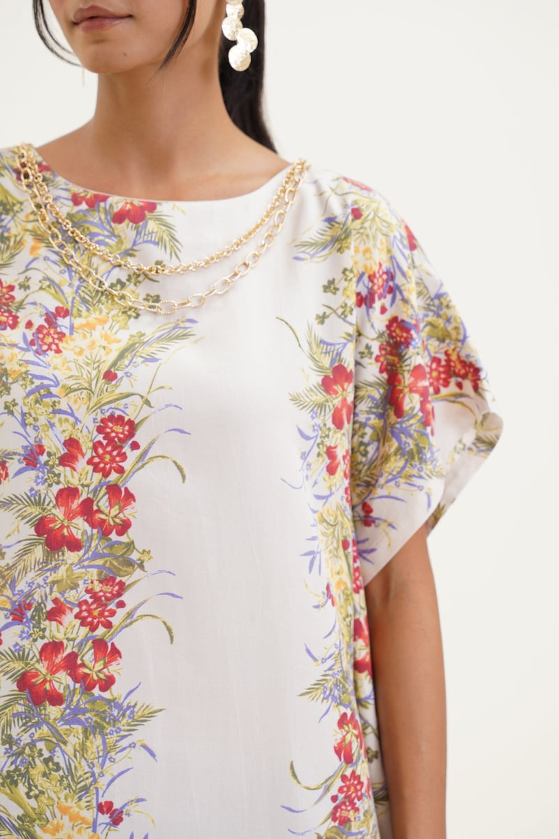 Ivory Tropical Print Mini Shift Dress