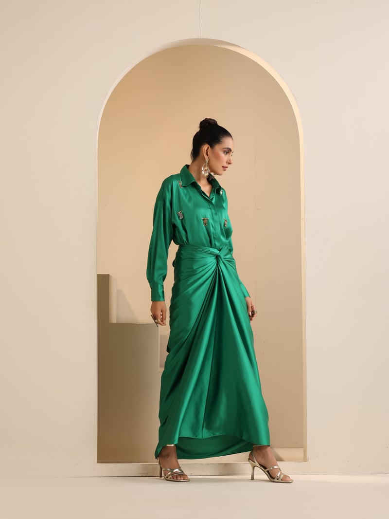 Green Satin Shirt and Wrap Dhoti Skirt Co-ord Set