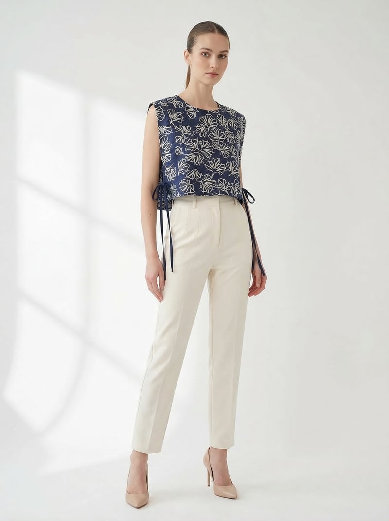 Navy Blue Floral Sleeveless Side Tie-Up Crop Top — KIHIKI