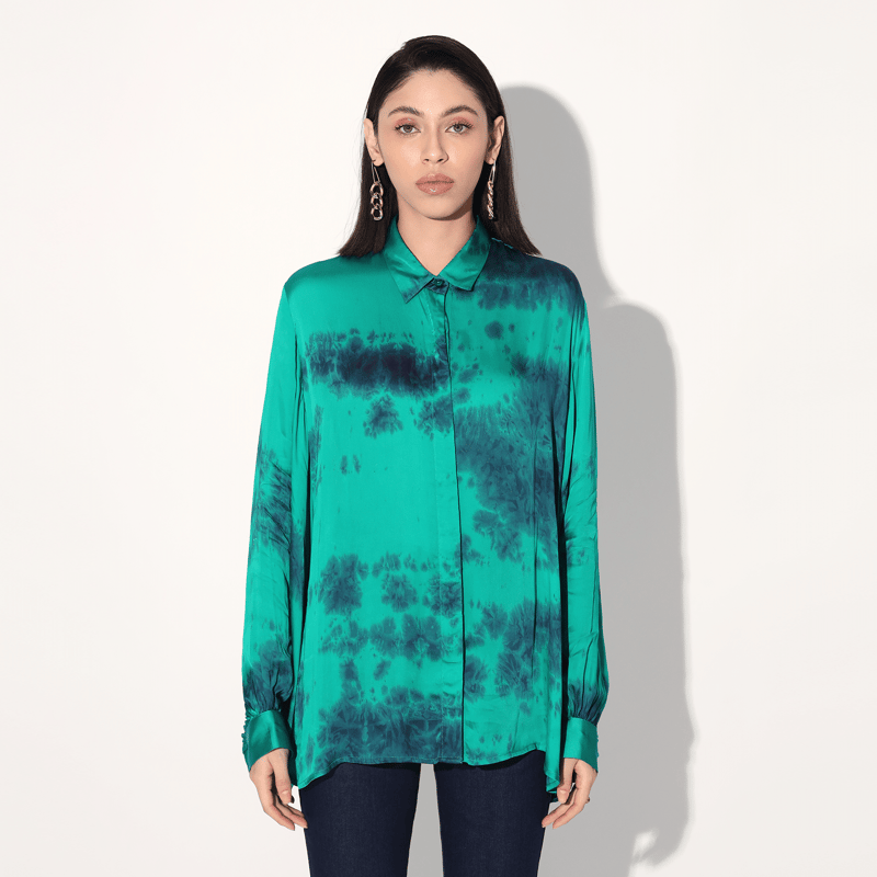 Green Tie-Dye Satin Balloon Sleeve Longline Shirt