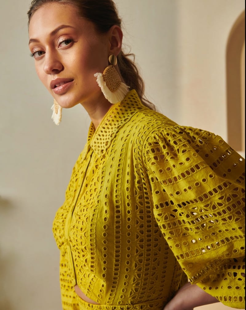Lime Green Schiffli Cutwork Fit and Flare Mini Dress