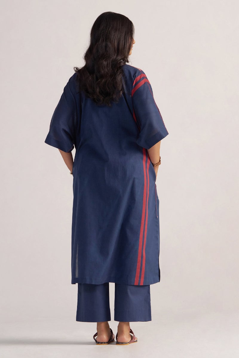 Navy Blue Printed Kaftaan Co-ord Set with Wide-Leg Pants