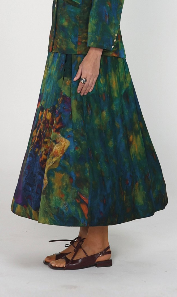 Multicolor Abstract Printed High-Waist Box Pleat Midi Skirt