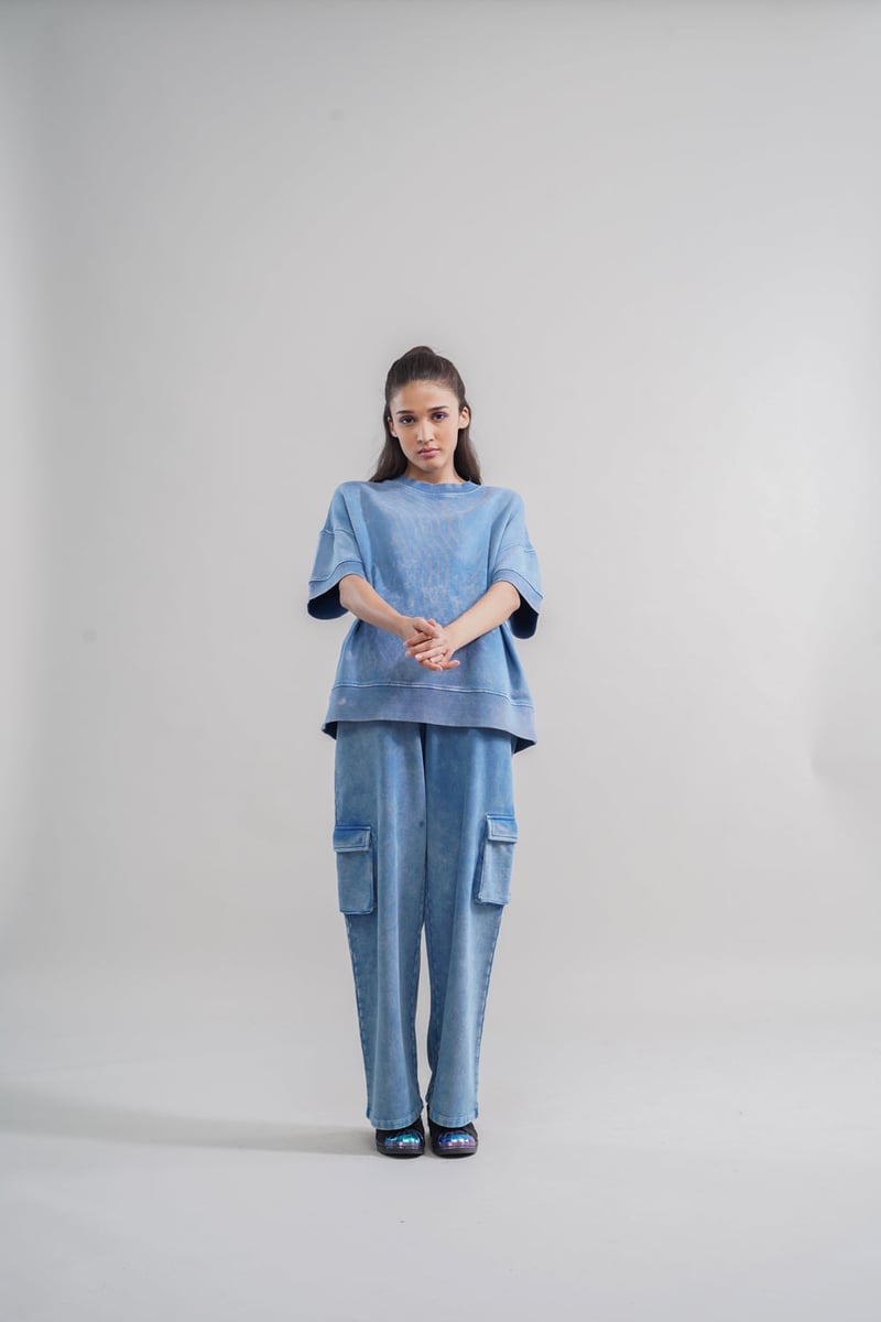 Washed Blue Cotton Terry Oversized Sweatshirt