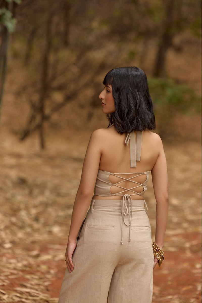 Beige Halter Neck Slim Fit Waistcoat